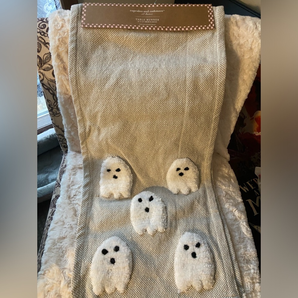 Cupcakes & Cashmere Halloween Tan White Ghost Decorative Table Runner - 16X72